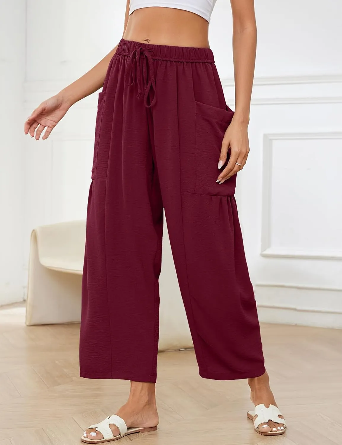 Flygo Women's Wide Leg Pants Summer Casual Loose Fit Beach Palazzo Harem Pants with Pockets