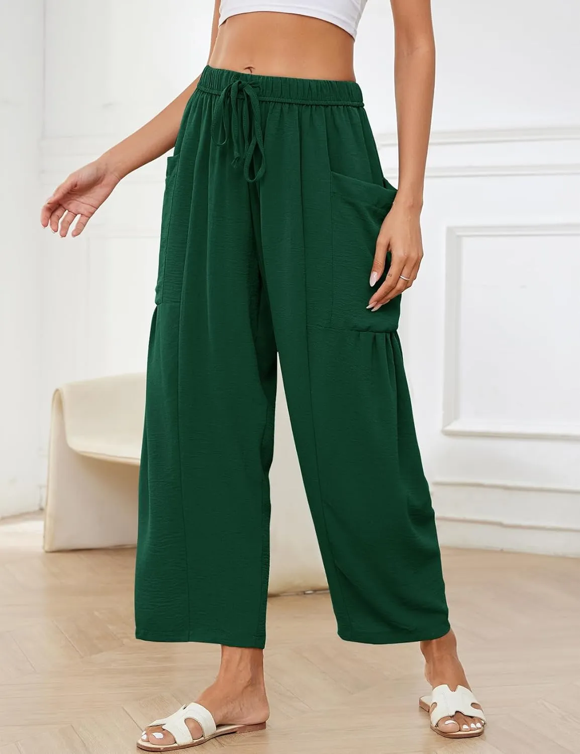 Flygo Women's Wide Leg Pants Summer Casual Loose Fit Beach Palazzo Harem Pants with Pockets