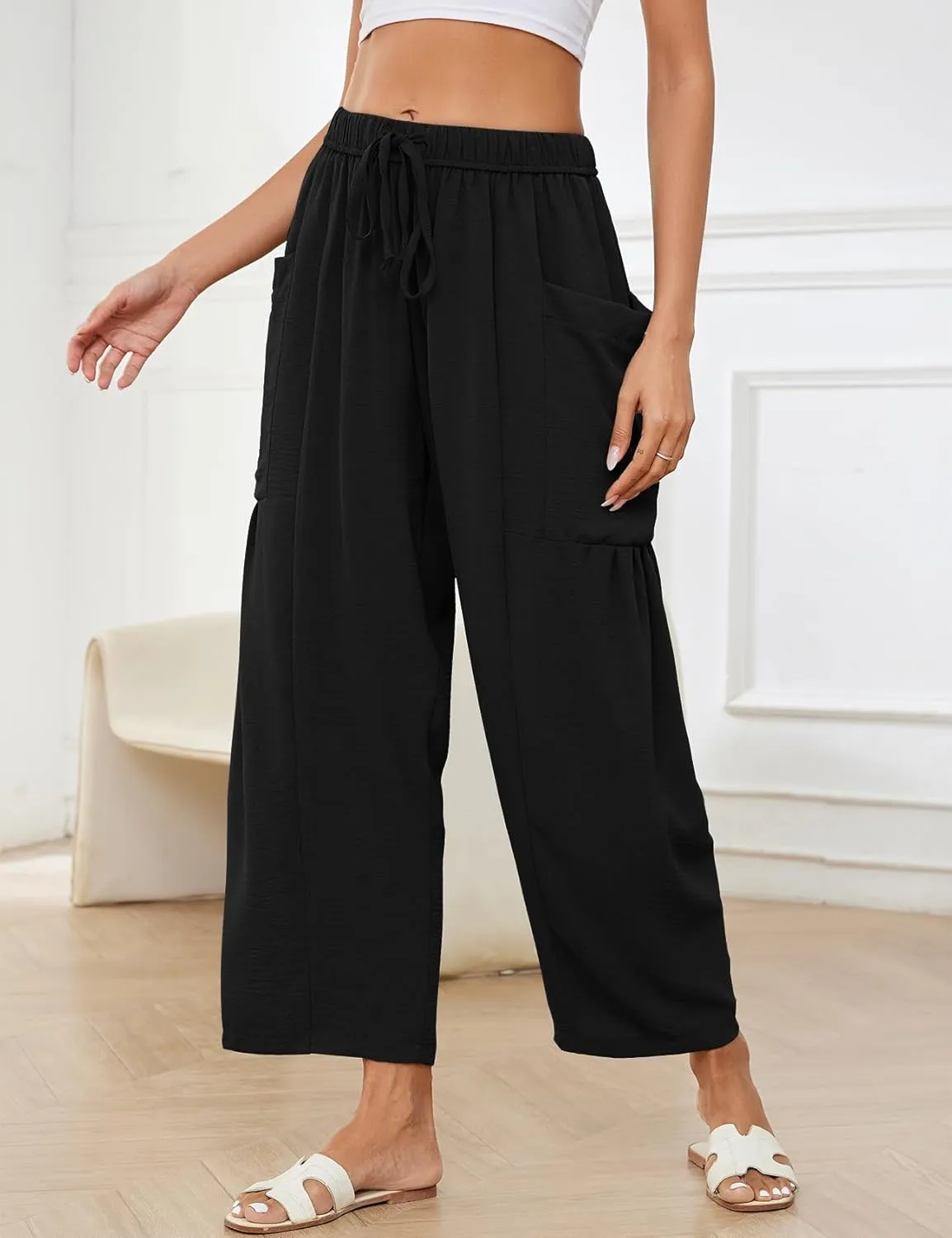 Flygo Women's Wide Leg Pants Summer Casual Loose Fit Beach Palazzo Harem Pants with Pockets
