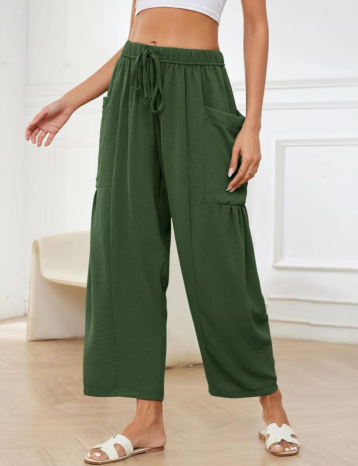 Flygo Women's Wide Leg Pants Summer Casual Loose Fit Beach Palazzo Harem Pants with Pockets