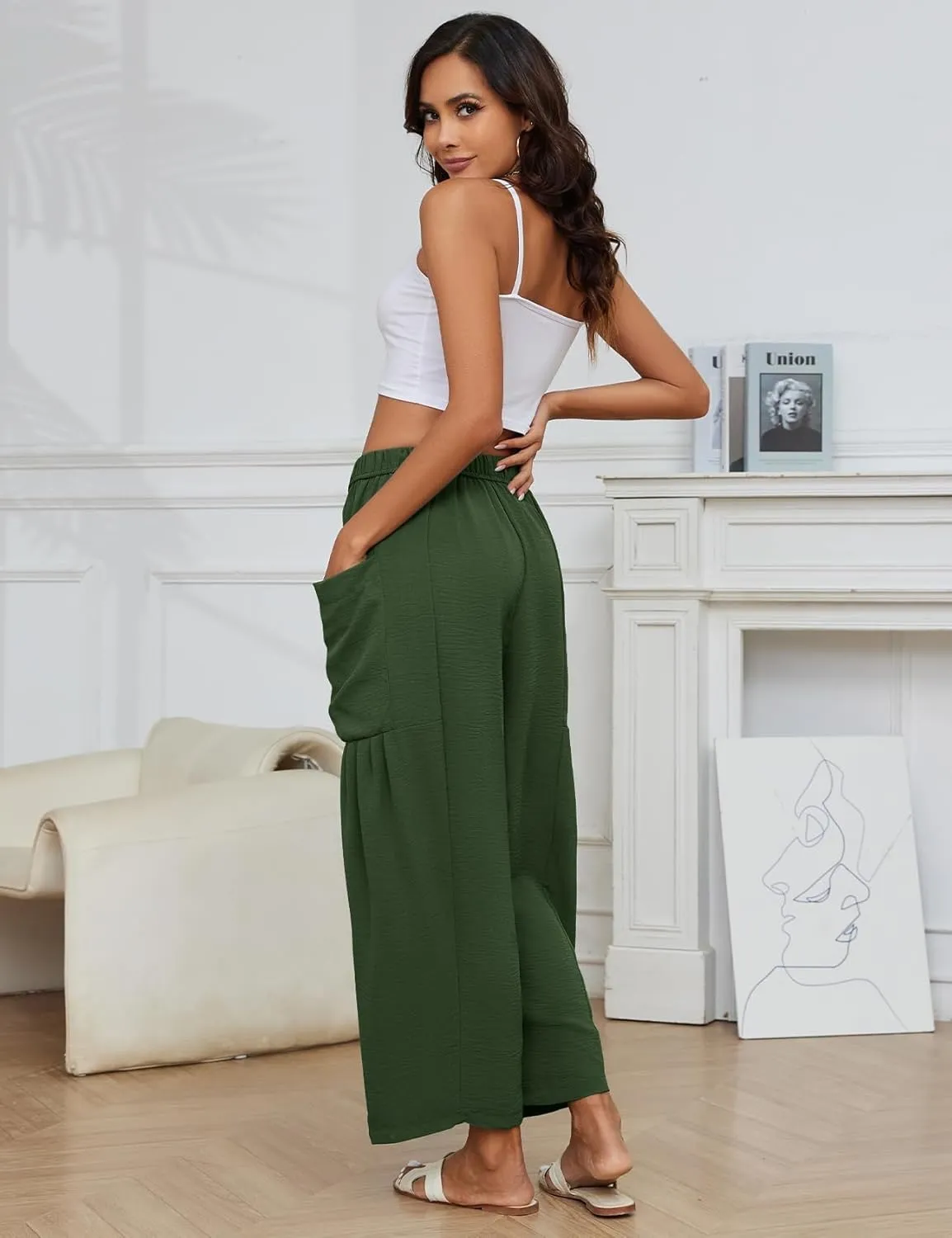 Flygo Women's Wide Leg Pants Summer Casual Loose Fit Beach Palazzo Harem Pants with Pockets