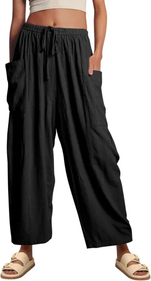 Flygo Women's Wide Leg Pants Summer Casual Loose Fit Beach Palazzo Harem Pants with Pockets