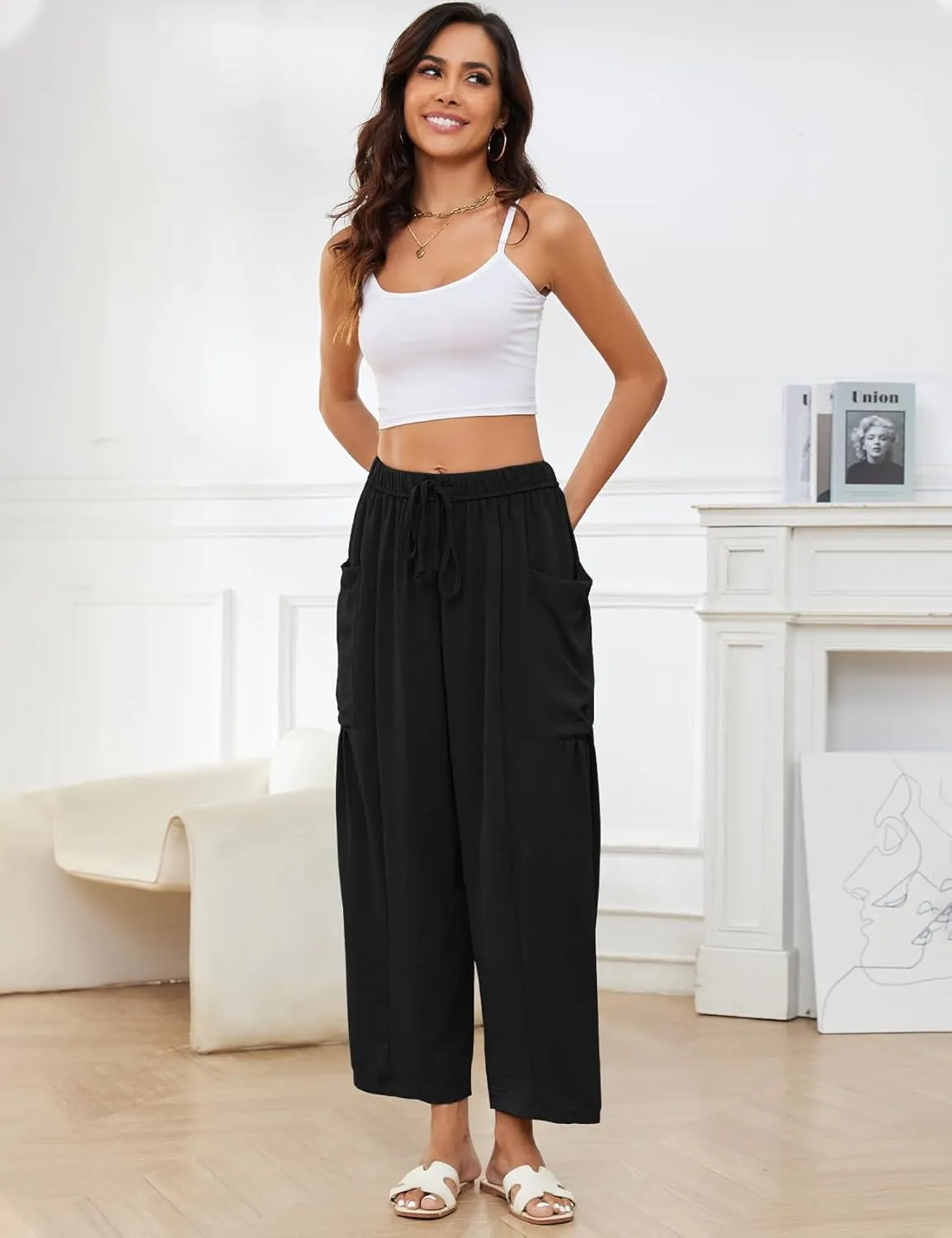 Flygo Women's Wide Leg Pants Summer Casual Loose Fit Beach Palazzo Harem Pants with Pockets