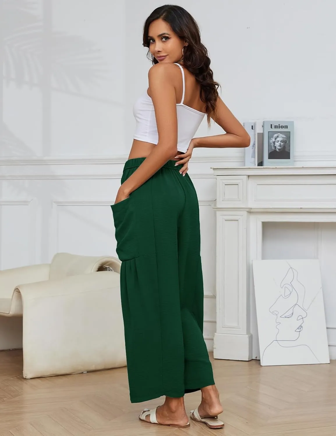 Flygo Women's Wide Leg Pants Summer Casual Loose Fit Beach Palazzo Harem Pants with Pockets