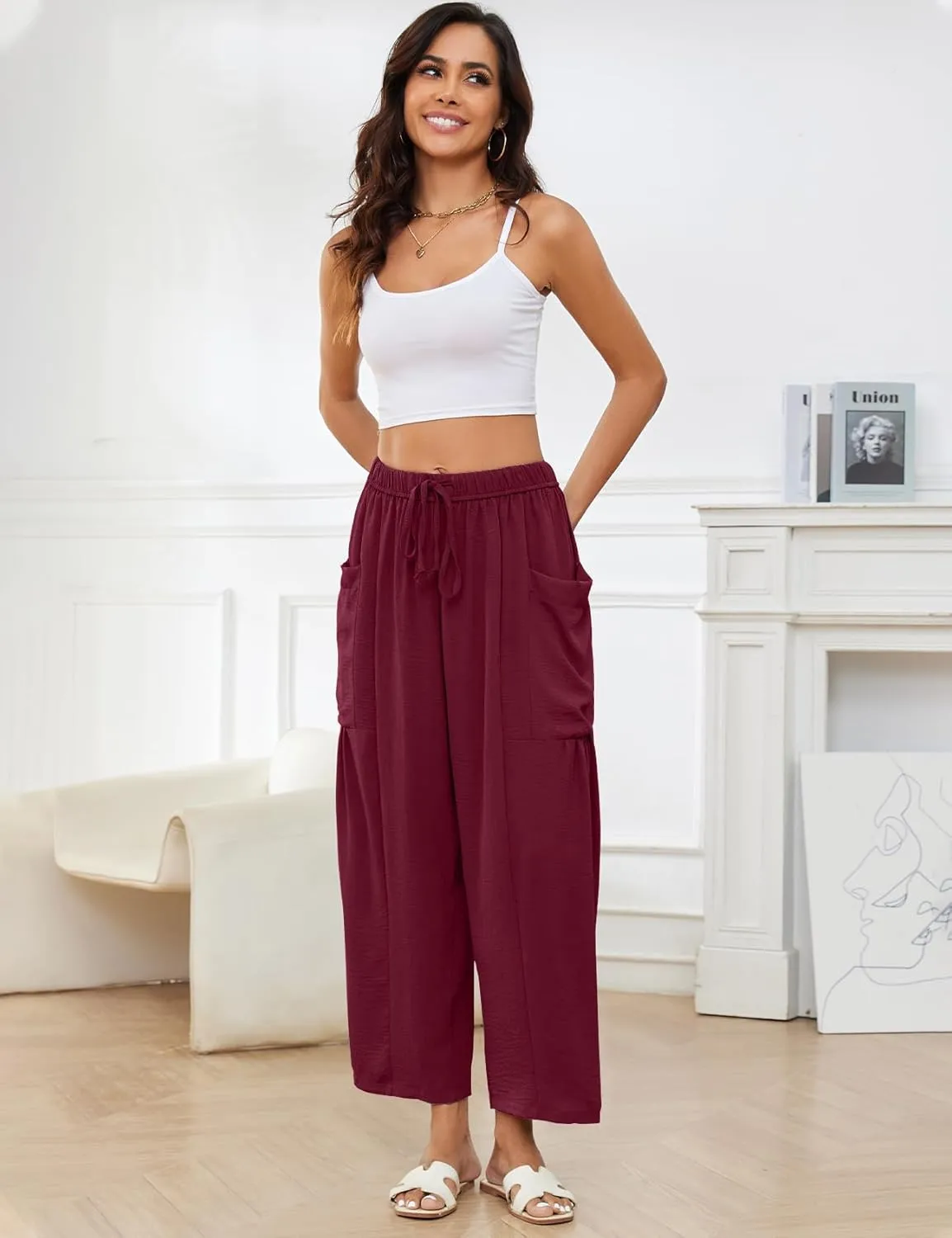 Flygo Women's Wide Leg Pants Summer Casual Loose Fit Beach Palazzo Harem Pants with Pockets