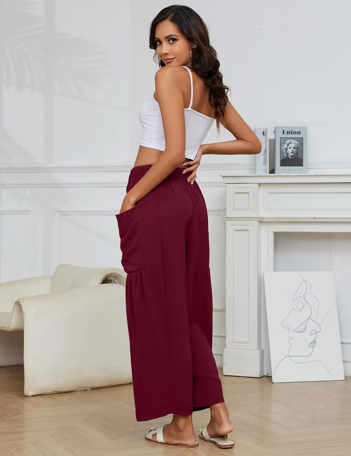Flygo Women's Wide Leg Pants Summer Casual Loose Fit Beach Palazzo Harem Pants with Pockets