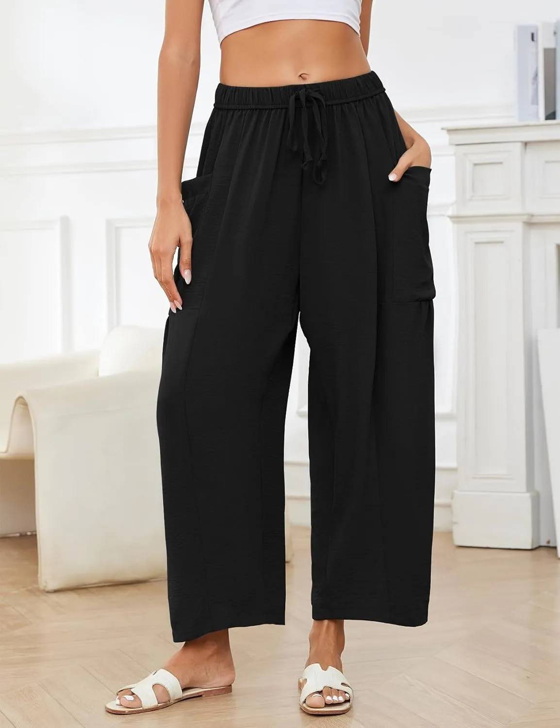 Flygo Women's Wide Leg Pants Summer Casual Loose Fit Beach Palazzo Harem Pants with Pockets