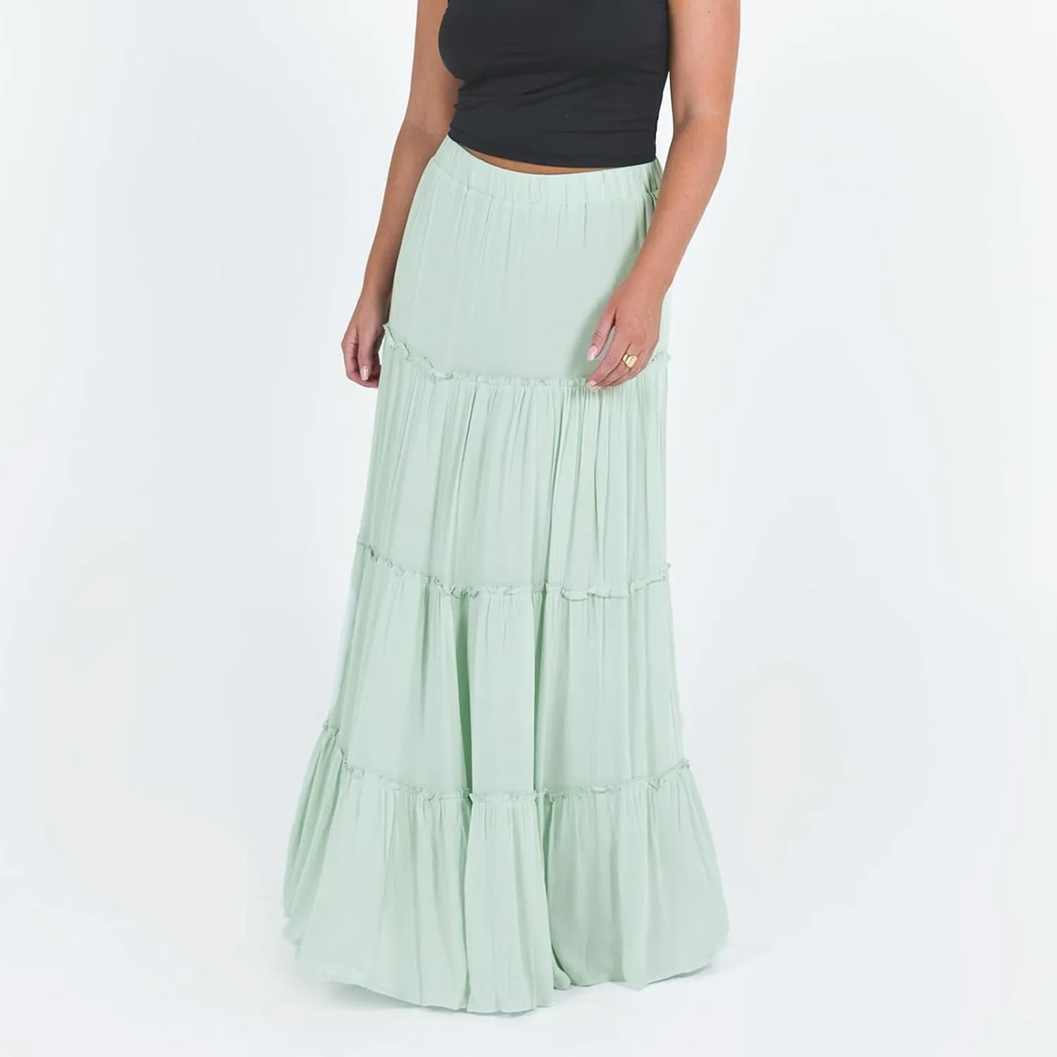 FOMOYUU Tiered Long Skirts for Women Elastic Waist Pleated Flowy A-Line Maxi Skirt Ruffle Swing Boho Summer Beach Skirt