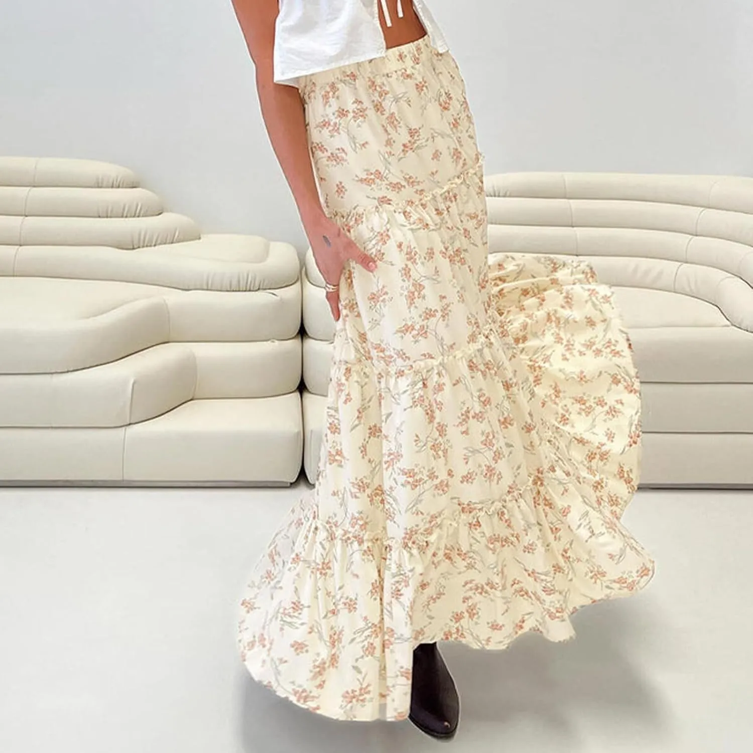 FOMOYUU Tiered Long Skirts for Women Elastic Waist Pleated Flowy A-Line Maxi Skirt Ruffle Swing Boho Summer Beach Skirt