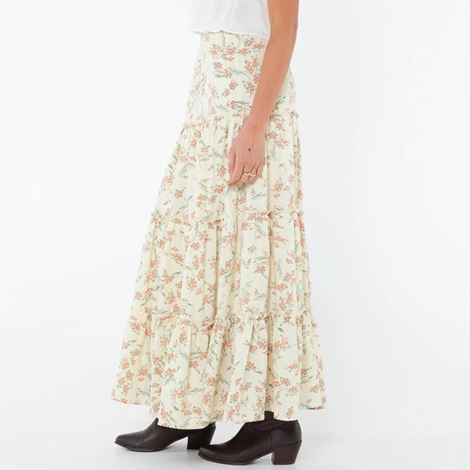 FOMOYUU Tiered Long Skirts for Women Elastic Waist Pleated Flowy A-Line Maxi Skirt Ruffle Swing Boho Summer Beach Skirt