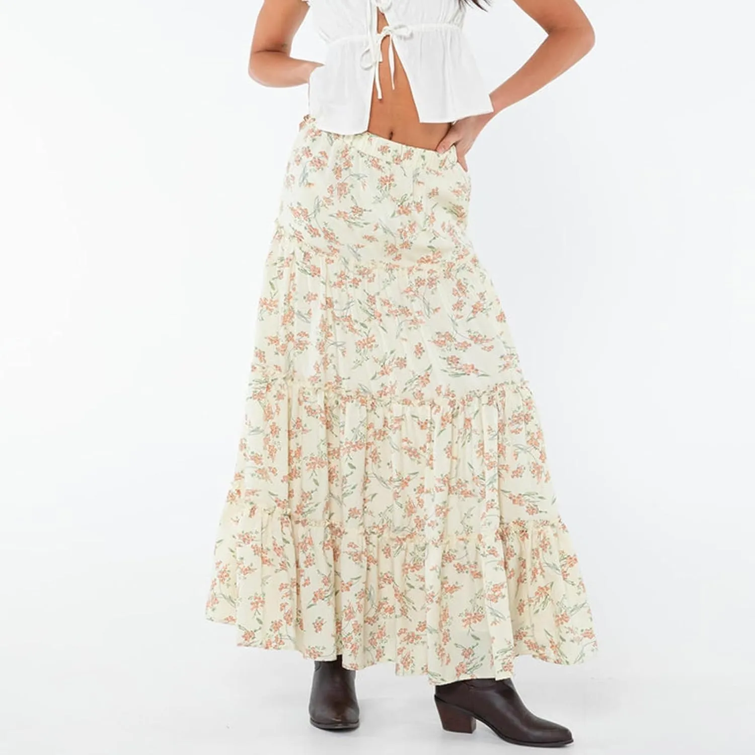 FOMOYUU Tiered Long Skirts for Women Elastic Waist Pleated Flowy A-Line Maxi Skirt Ruffle Swing Boho Summer Beach Skirt