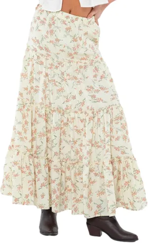FOMOYUU Tiered Long Skirts for Women Elastic Waist Pleated Flowy A-Line Maxi Skirt Ruffle Swing Boho Summer Beach Skirt