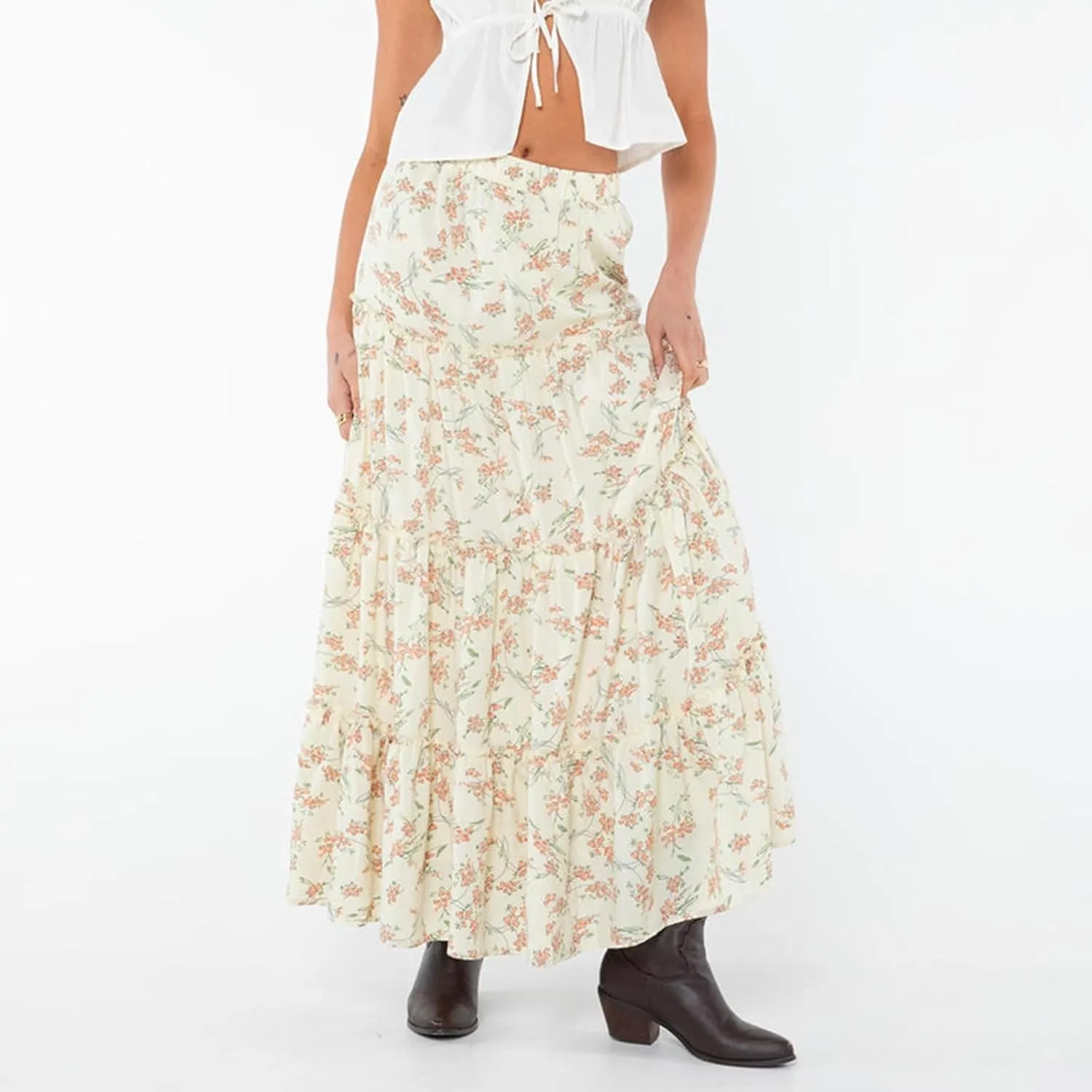 FOMOYUU Tiered Long Skirts for Women Elastic Waist Pleated Flowy A-Line Maxi Skirt Ruffle Swing Boho Summer Beach Skirt