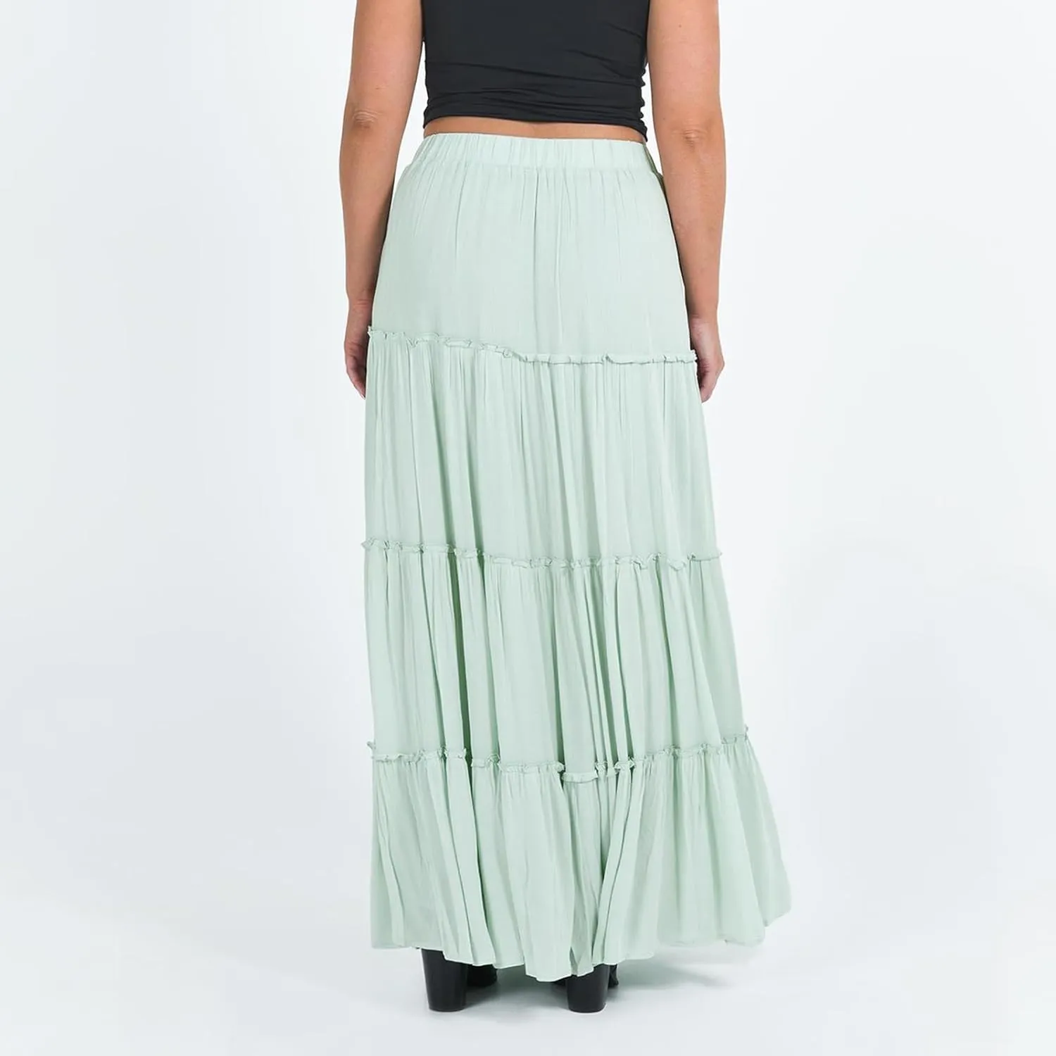 FOMOYUU Tiered Long Skirts for Women Elastic Waist Pleated Flowy A-Line Maxi Skirt Ruffle Swing Boho Summer Beach Skirt