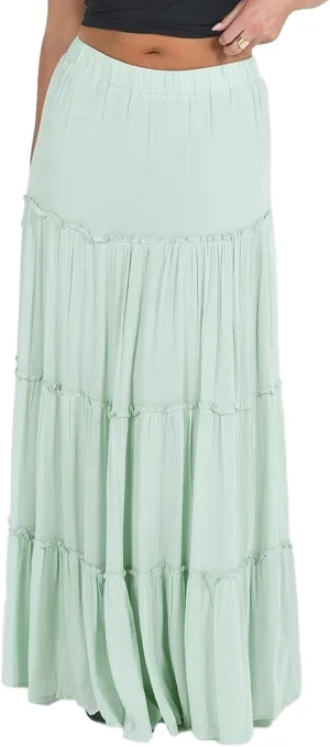 FOMOYUU Tiered Long Skirts for Women Elastic Waist Pleated Flowy A-Line Maxi Skirt Ruffle Swing Boho Summer Beach Skirt