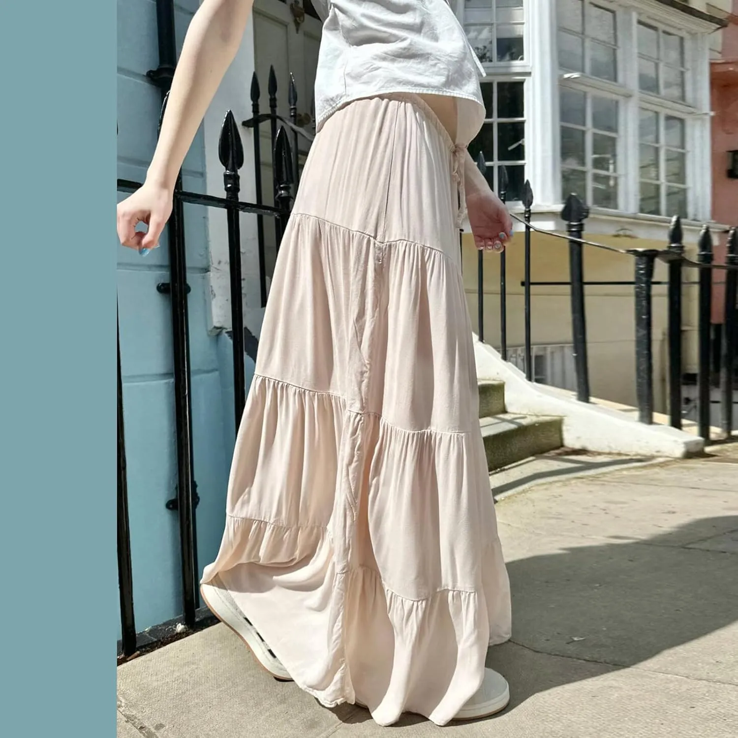 FOMOYUU Tiered Long Skirts for Women Elastic Waist Pleated Flowy A-Line Maxi Skirt Ruffle Swing Boho Summer Beach Skirt