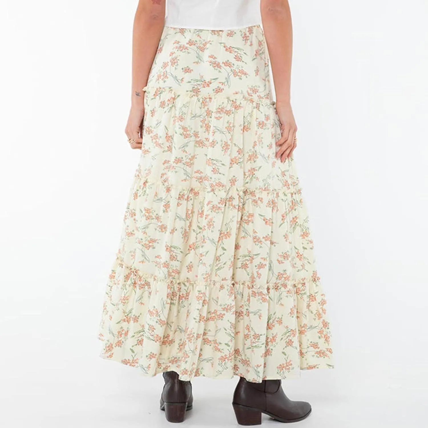 FOMOYUU Tiered Long Skirts for Women Elastic Waist Pleated Flowy A-Line Maxi Skirt Ruffle Swing Boho Summer Beach Skirt