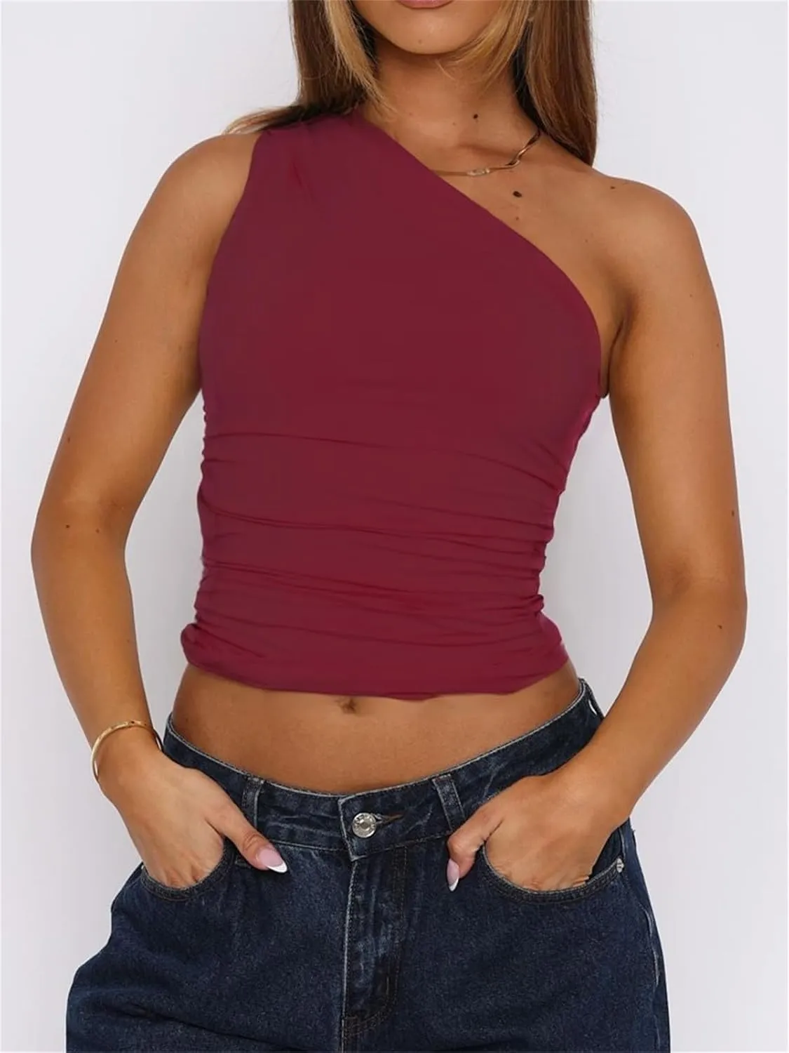ForeFair Women One Shoulder Going Out Crop Tank Tops Slim Fit Sleeveless Shirts Y2k Cute Top
