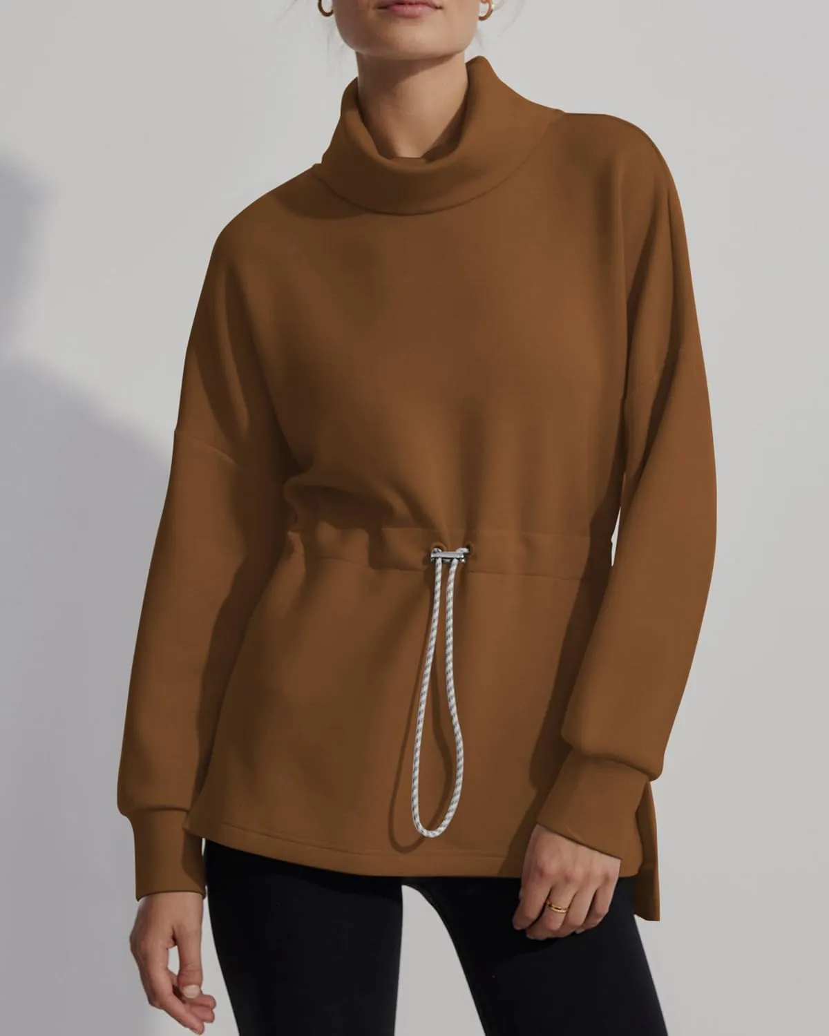 FUPHINE Womens Turtleneck Sweatshirt Oversized Long Sleeve Pullover Tops Side Slit Soft Hoodie with Drawstring Waist