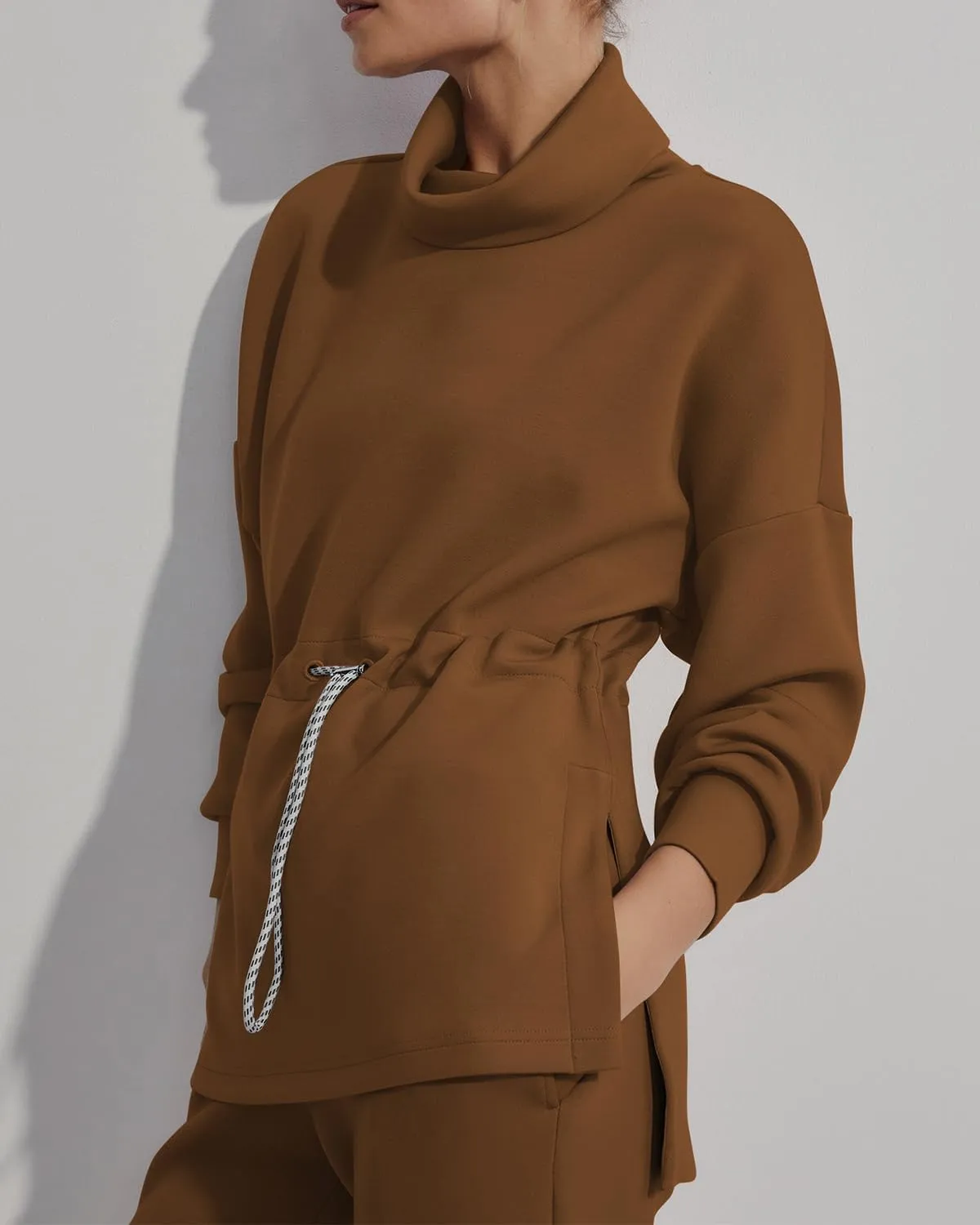 FUPHINE Womens Turtleneck Sweatshirt Oversized Long Sleeve Pullover Tops Side Slit Soft Hoodie with Drawstring Waist