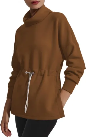 FUPHINE Womens Turtleneck Sweatshirt Oversized Long Sleeve Pullover Tops Side Slit Soft Hoodie with Drawstring Waist