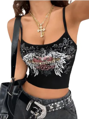 GORGLITTER Women's Backless Low Cut Gothic Crop Cami Top Vintage Graphic Sleeveless Slim Fit Camisole Y2k Streetwear