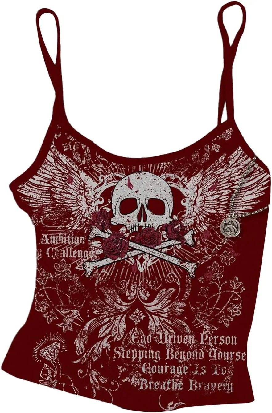 GORGLITTER Women's Backless Low Cut Gothic Crop Cami Top Vintage Graphic Sleeveless Slim Fit Camisole Y2k Streetwear