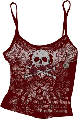 GORGLITTER Women's Backless Low Cut Gothic Crop Cami Top Vintage Graphic Sleeveless Slim Fit Camisole Y2k Streetwear