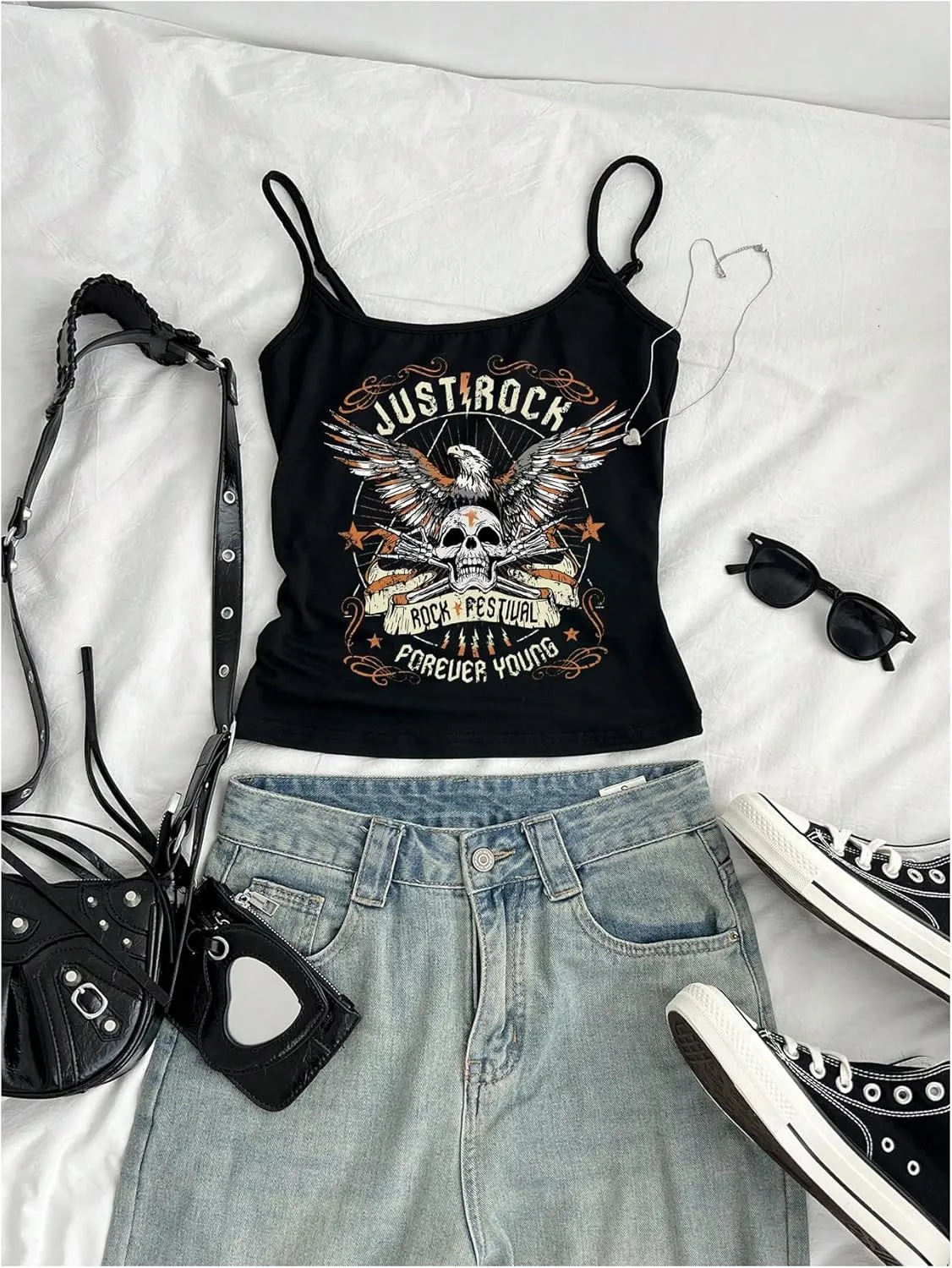 GORGLITTER Women's Backless Low Cut Gothic Crop Cami Top Vintage Graphic Sleeveless Slim Fit Camisole Y2k Streetwear