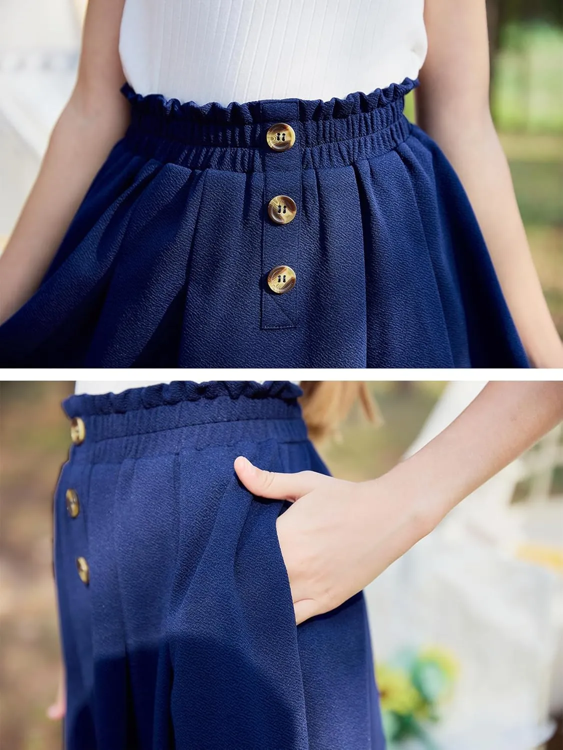 GORLYA Girls Boho Paper Bag Elastic Waist Long Swing Casual Vintage Button Front Maxi Skirt for 6-14Y