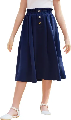 GORLYA Girls Boho Paper Bag Elastic Waist Long Swing Casual Vintage Button Front Maxi Skirt for 6-14Y