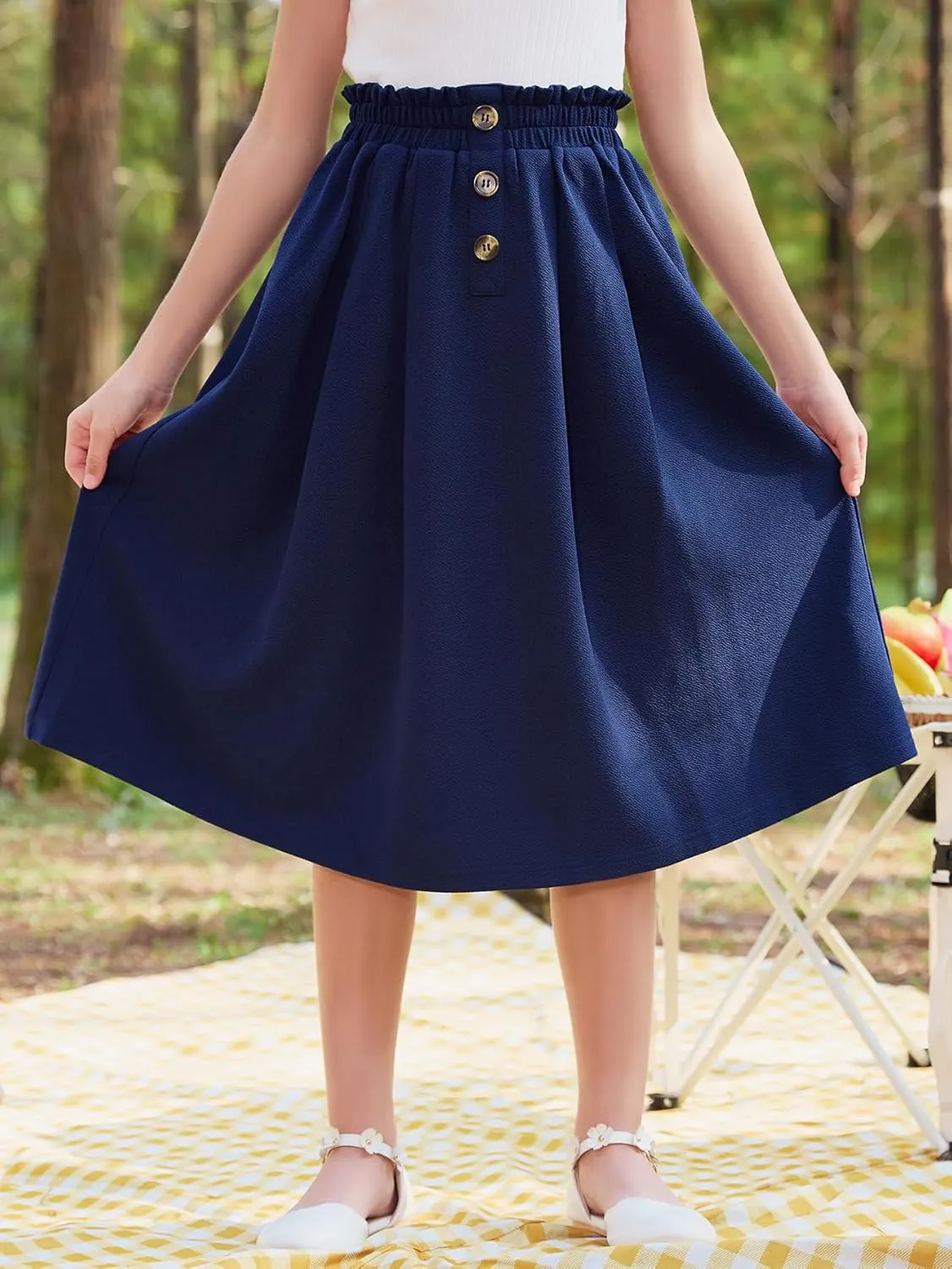 GORLYA Girls Boho Paper Bag Elastic Waist Long Swing Casual Vintage Button Front Maxi Skirt for 6-14Y