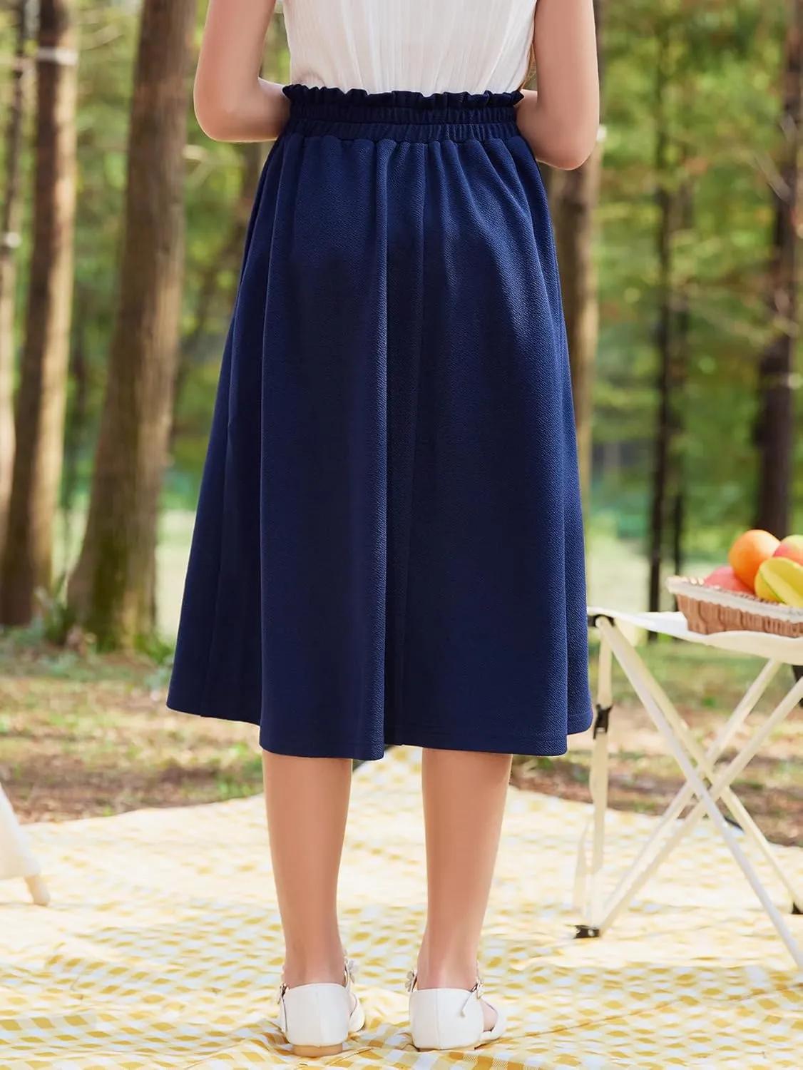 GORLYA Girls Boho Paper Bag Elastic Waist Long Swing Casual Vintage Button Front Maxi Skirt for 6-14Y