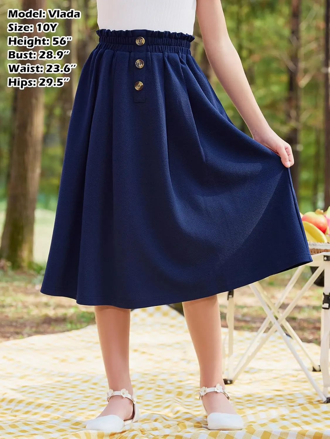 GORLYA Girls Boho Paper Bag Elastic Waist Long Swing Casual Vintage Button Front Maxi Skirt for 6-14Y