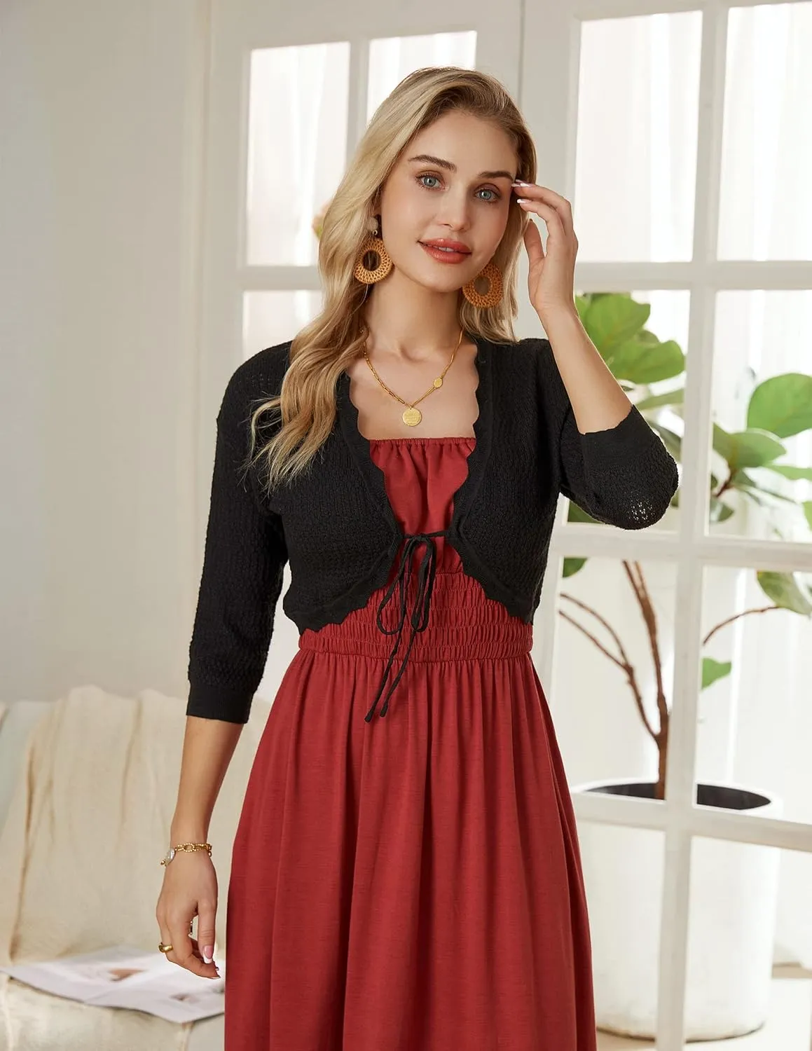 GRACE KARIN Women's 3/4 Sleeve Bolero Shrug Lightweight Open Front Cropped Cardigan Knit Shrugs for Dresses