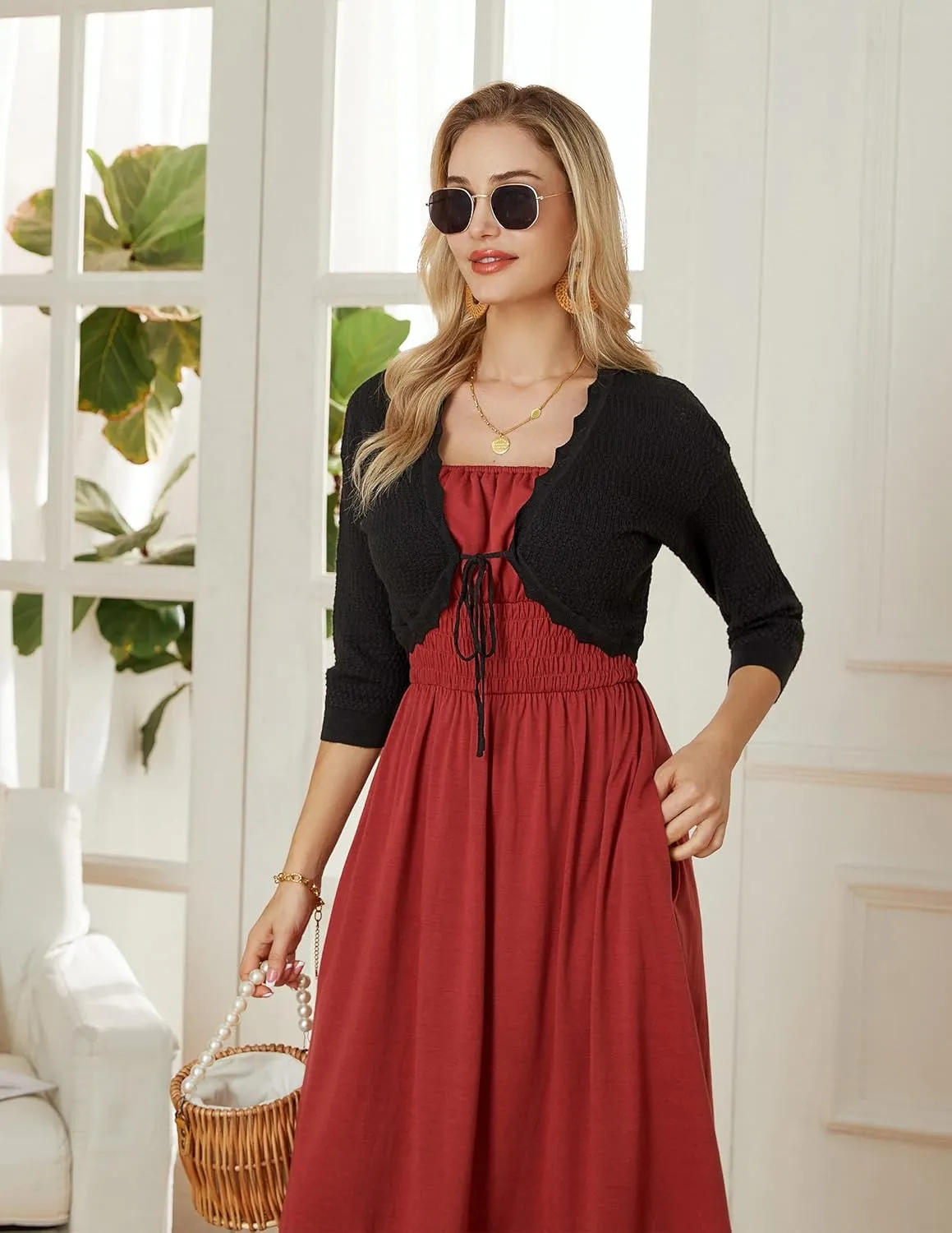 GRACE KARIN Women's 3/4 Sleeve Bolero Shrug Lightweight Open Front Cropped Cardigan Knit Shrugs for Dresses