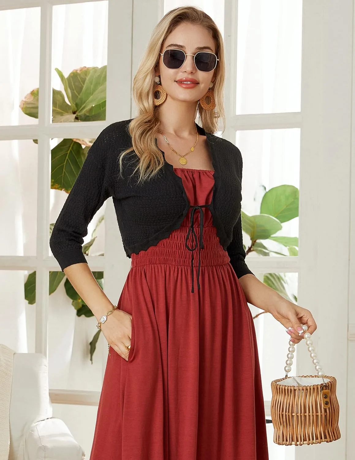 GRACE KARIN Women's 3/4 Sleeve Bolero Shrug Lightweight Open Front Cropped Cardigan Knit Shrugs for Dresses