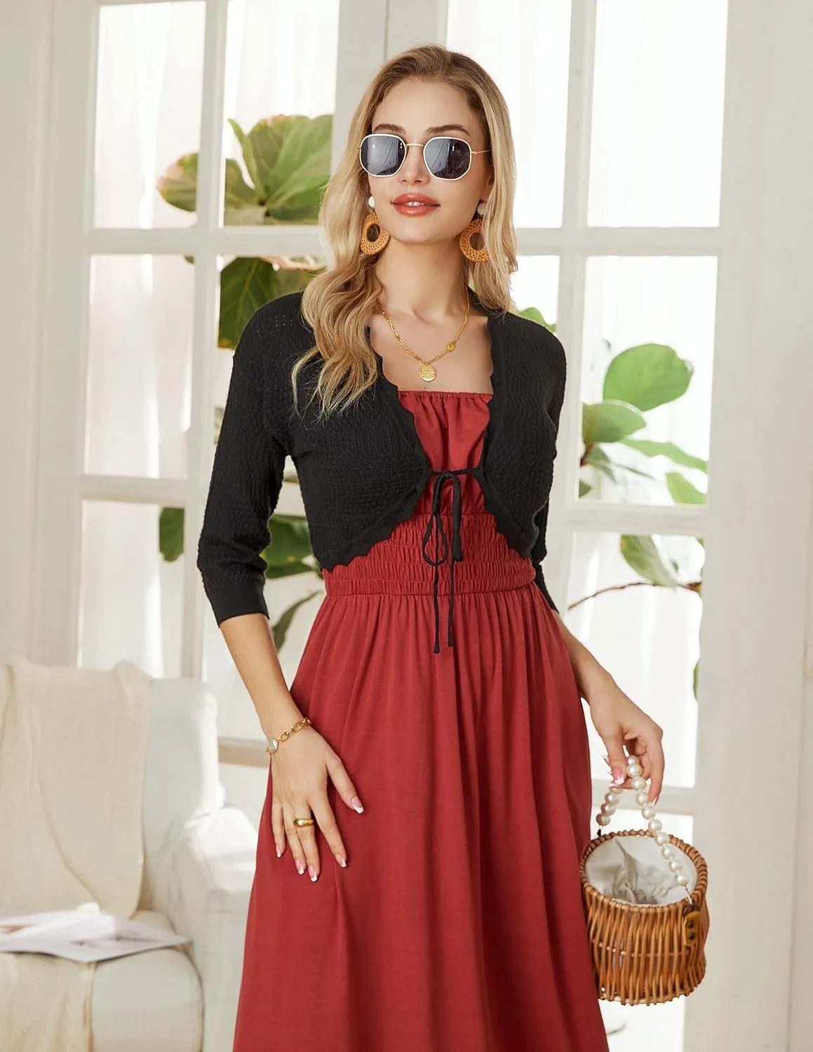 GRACE KARIN Women's 3/4 Sleeve Bolero Shrug Lightweight Open Front Cropped Cardigan Knit Shrugs for Dresses