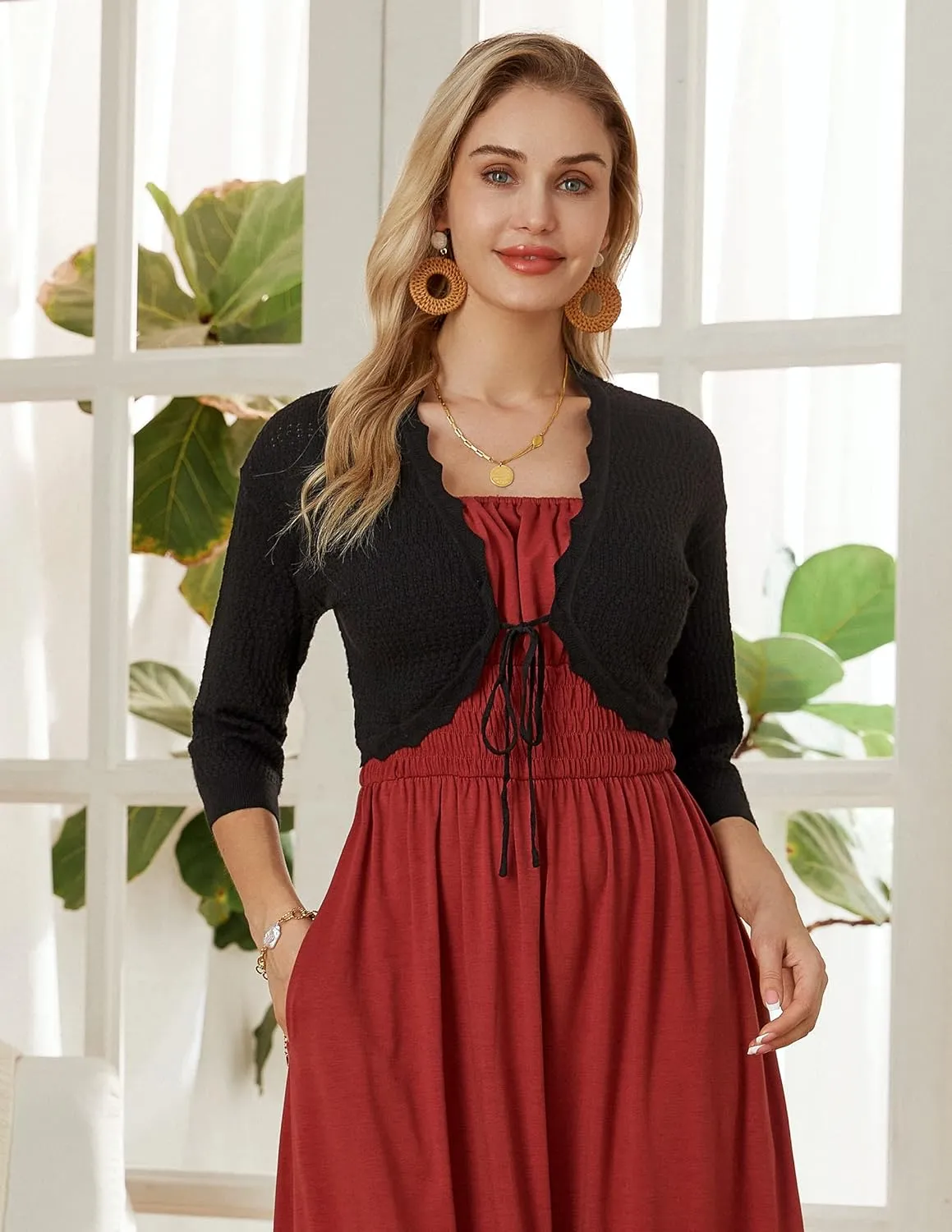 GRACE KARIN Women's 3/4 Sleeve Bolero Shrug Lightweight Open Front Cropped Cardigan Knit Shrugs for Dresses
