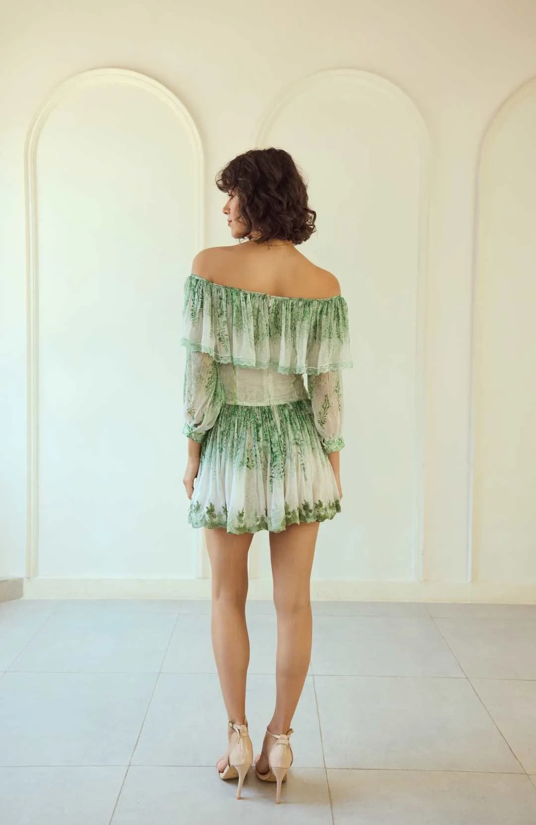 Green White Off-Shoulder Printed Short Dress