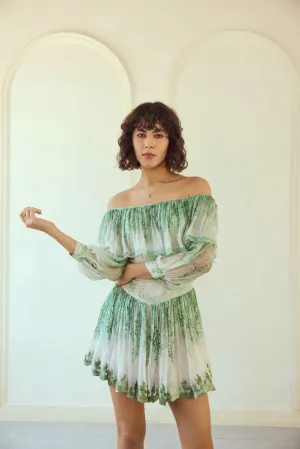 Green White Off-Shoulder Printed Short Dress
