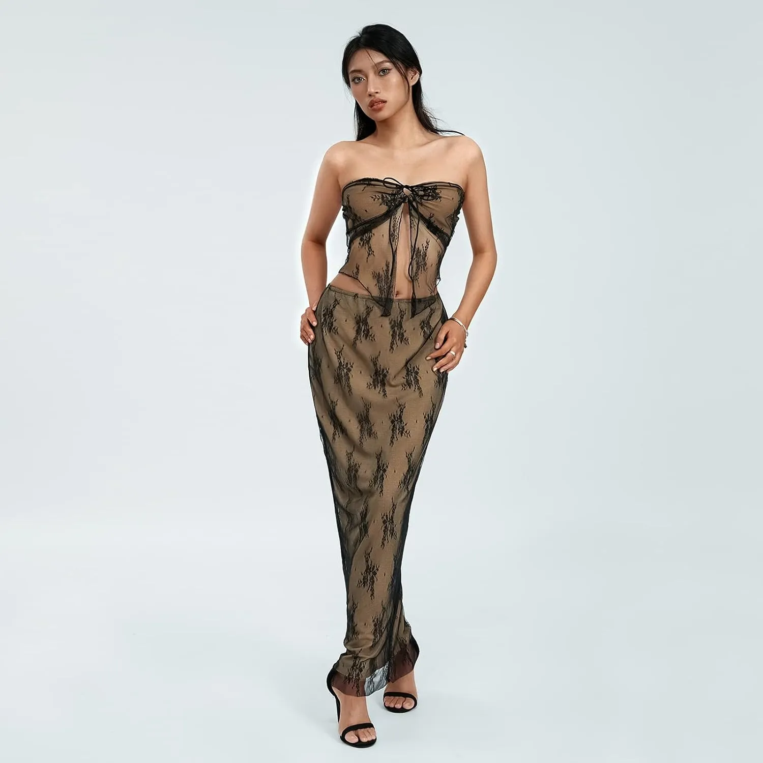 Gupgi 2 Piece Lace Long Skirt Outfits for Women Lace Mesh Long Sleeve Off Shoulder Crop Tops Sheer Lace Floral Skirt Set