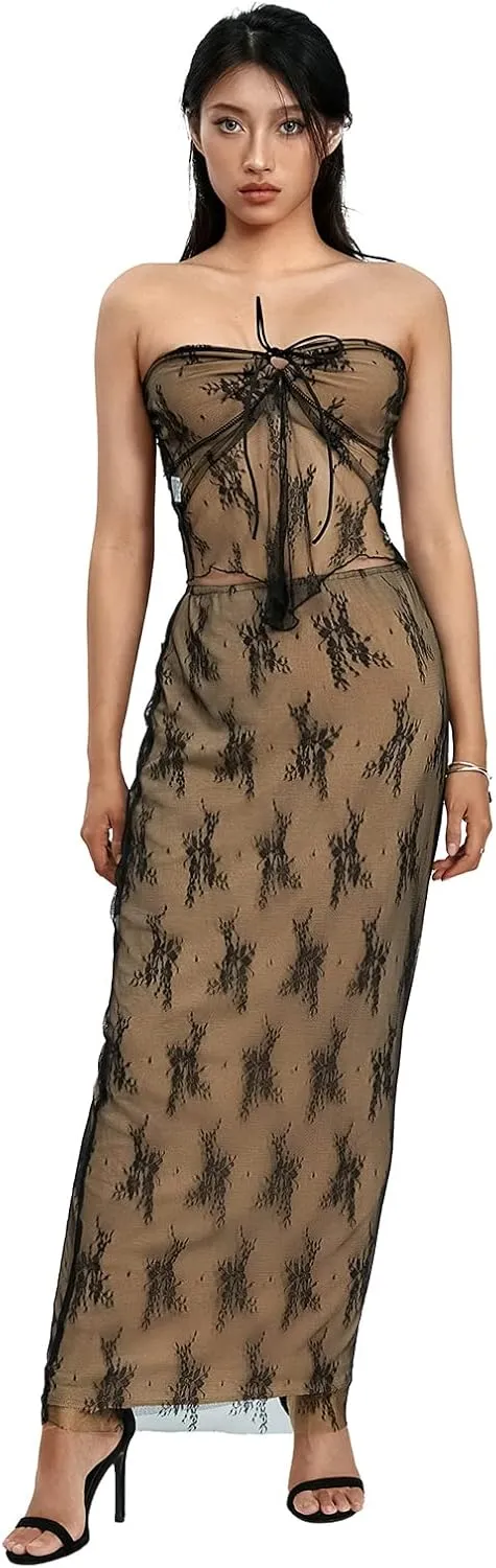 Gupgi 2 Piece Lace Long Skirt Outfits for Women Lace Mesh Long Sleeve Off Shoulder Crop Tops Sheer Lace Floral Skirt Set