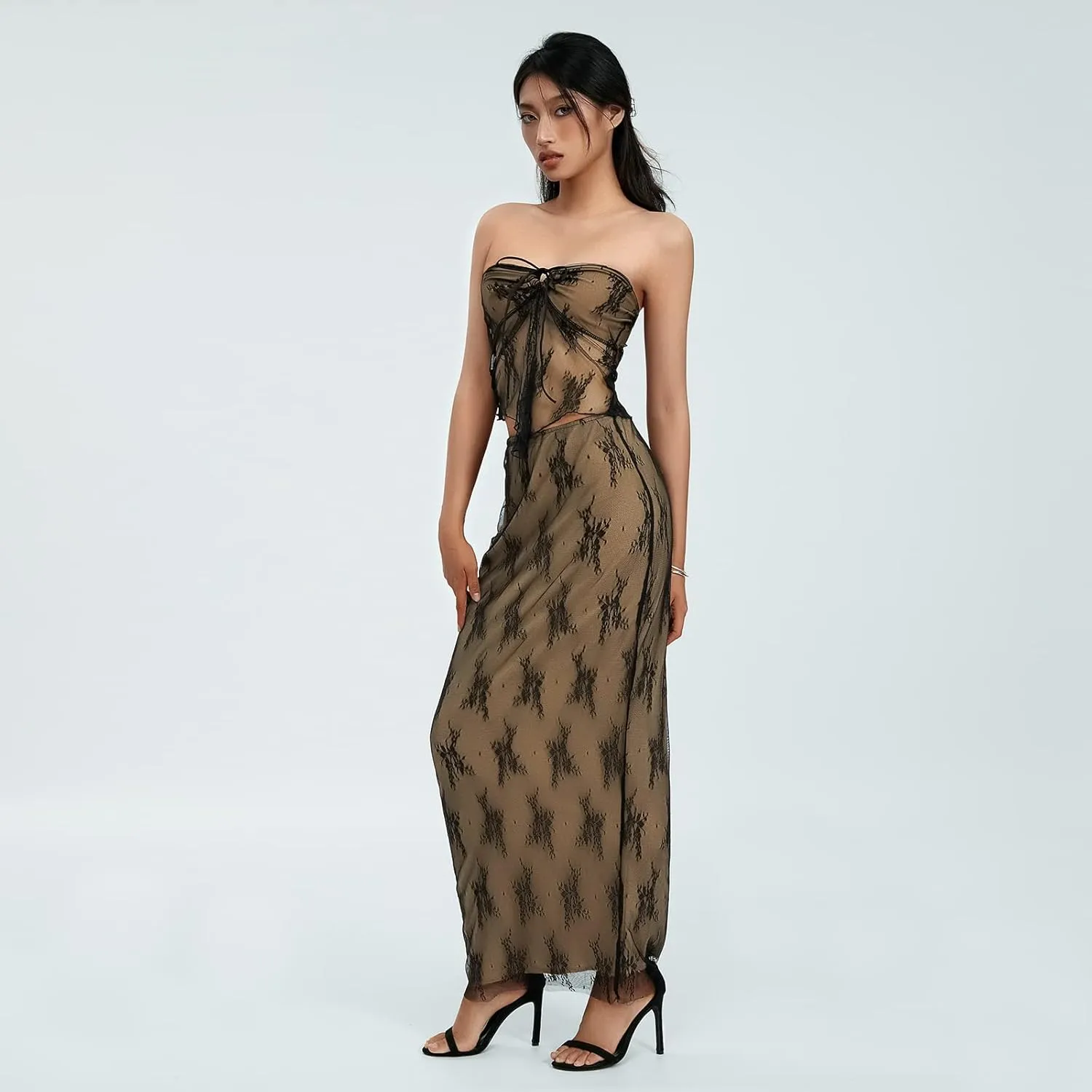Gupgi 2 Piece Lace Long Skirt Outfits for Women Lace Mesh Long Sleeve Off Shoulder Crop Tops Sheer Lace Floral Skirt Set