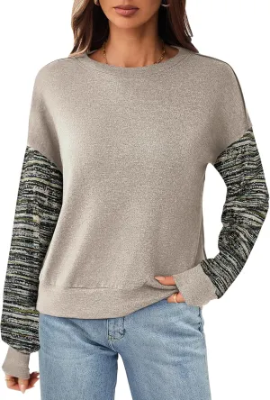 Halife Womens Long Sleeve Tops Casual Crew Neck Cropped Sweatshirts Multi Color Striped Sleeves Loose shirts Fall Outfits