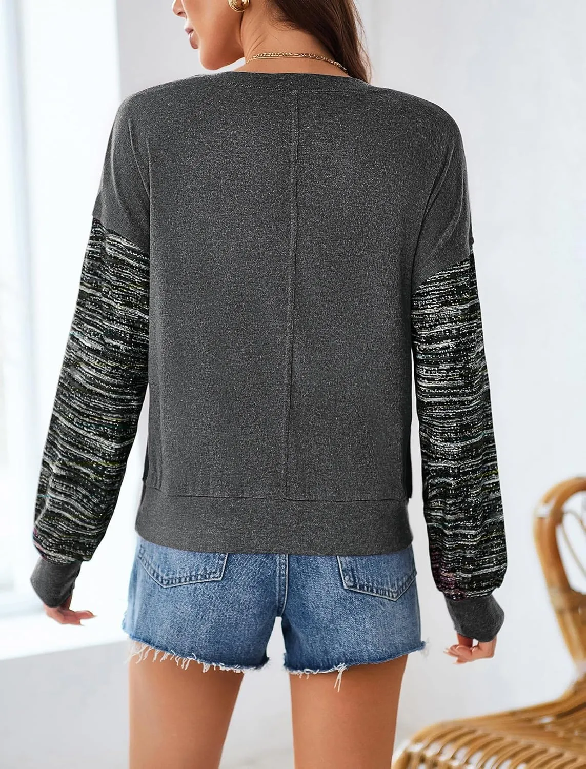 Halife Womens Long Sleeve Tops Casual Crew Neck Cropped Sweatshirts Multi Color Striped Sleeves Loose shirts Fall Outfits