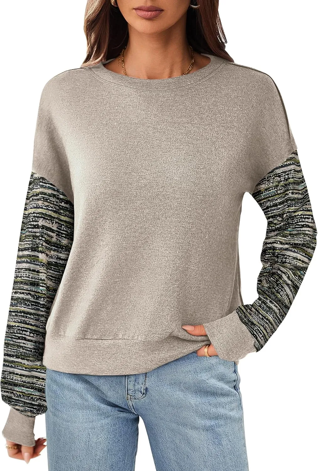 Halife Womens Long Sleeve Tops Casual Crew Neck Cropped Sweatshirts Multi Color Striped Sleeves Loose shirts Fall Outfits