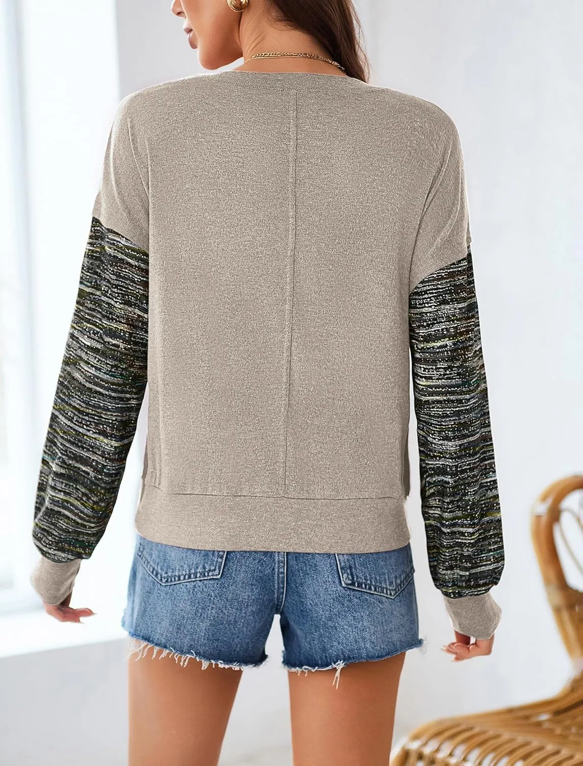 Halife Womens Long Sleeve Tops Casual Crew Neck Cropped Sweatshirts Multi Color Striped Sleeves Loose shirts Fall Outfits