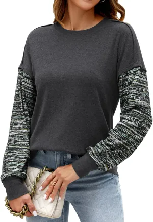 Halife Womens Long Sleeve Tops Casual Crew Neck Cropped Sweatshirts Multi Color Striped Sleeves Loose shirts Fall Outfits