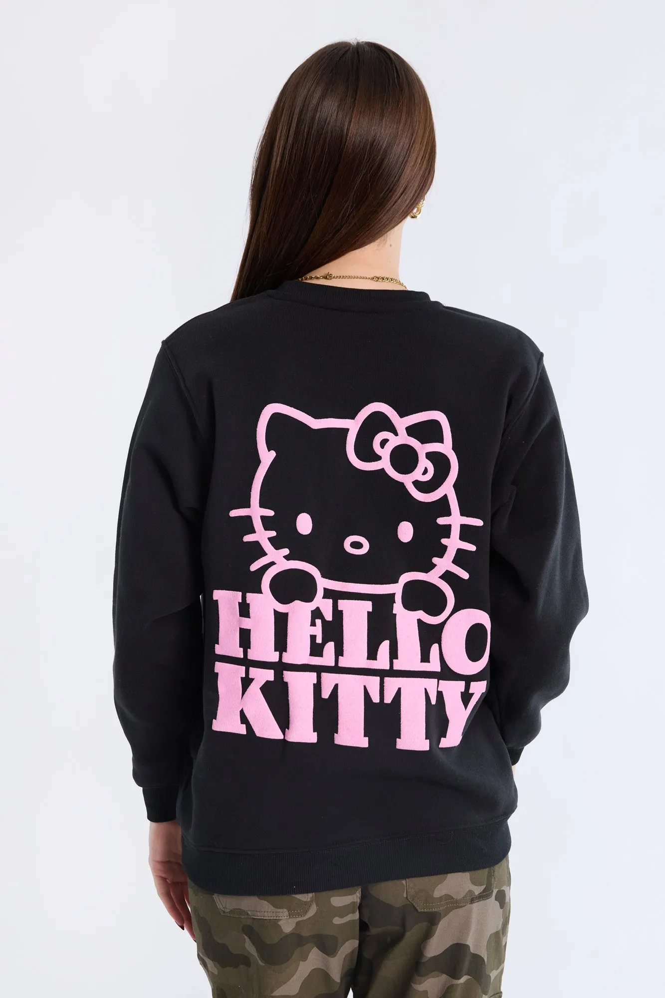 Hello Kitty Graphic Neon Puff Print Crew Neck Sweatshirt